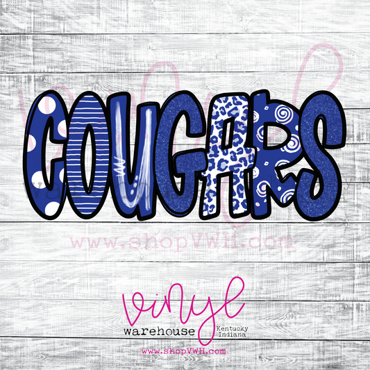 Cougars (Royal / White Doodle Letters) - Heat Transfer Print