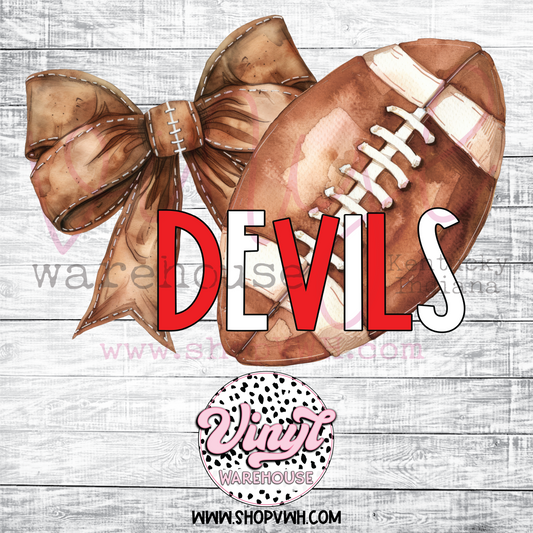 Devils Football Bow (Red/White) - Heat Transfer Print