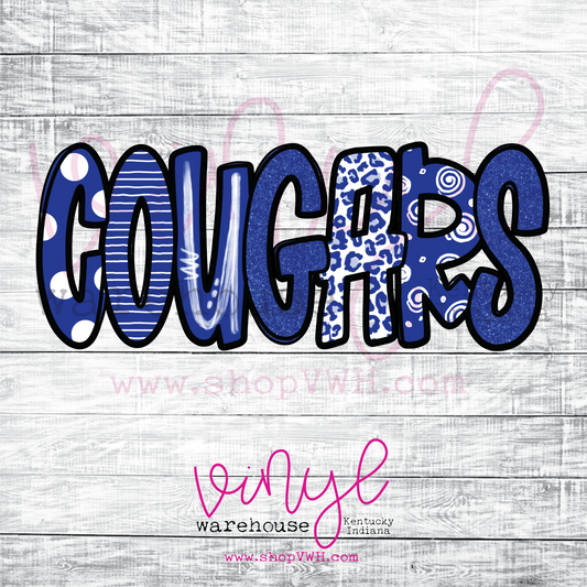 Cougars (Royal White Doodle Letters) - Heat Transfer Print