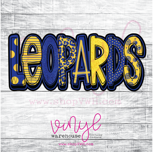 Leopards (Royal & Yellow Doodle Letters) - Heat Transfer Print