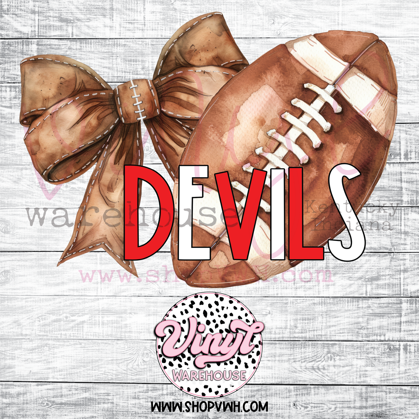 Devils Football Bow (Red/White) - Heat Transfer Print