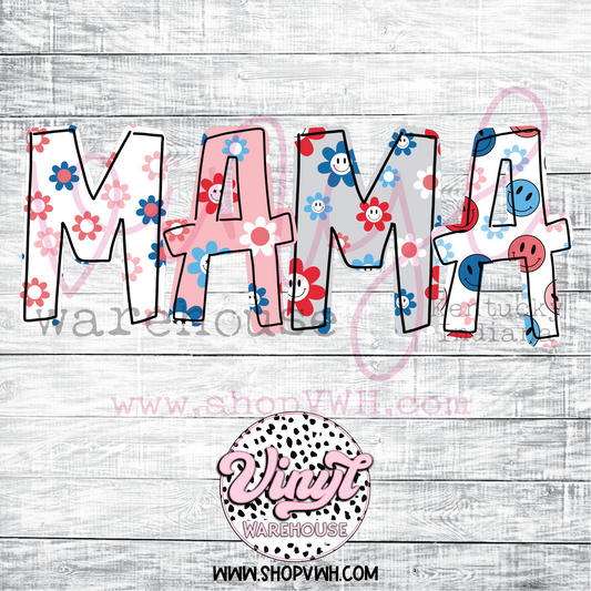 Patriotic Smiley Mama - Heat Transfer Print