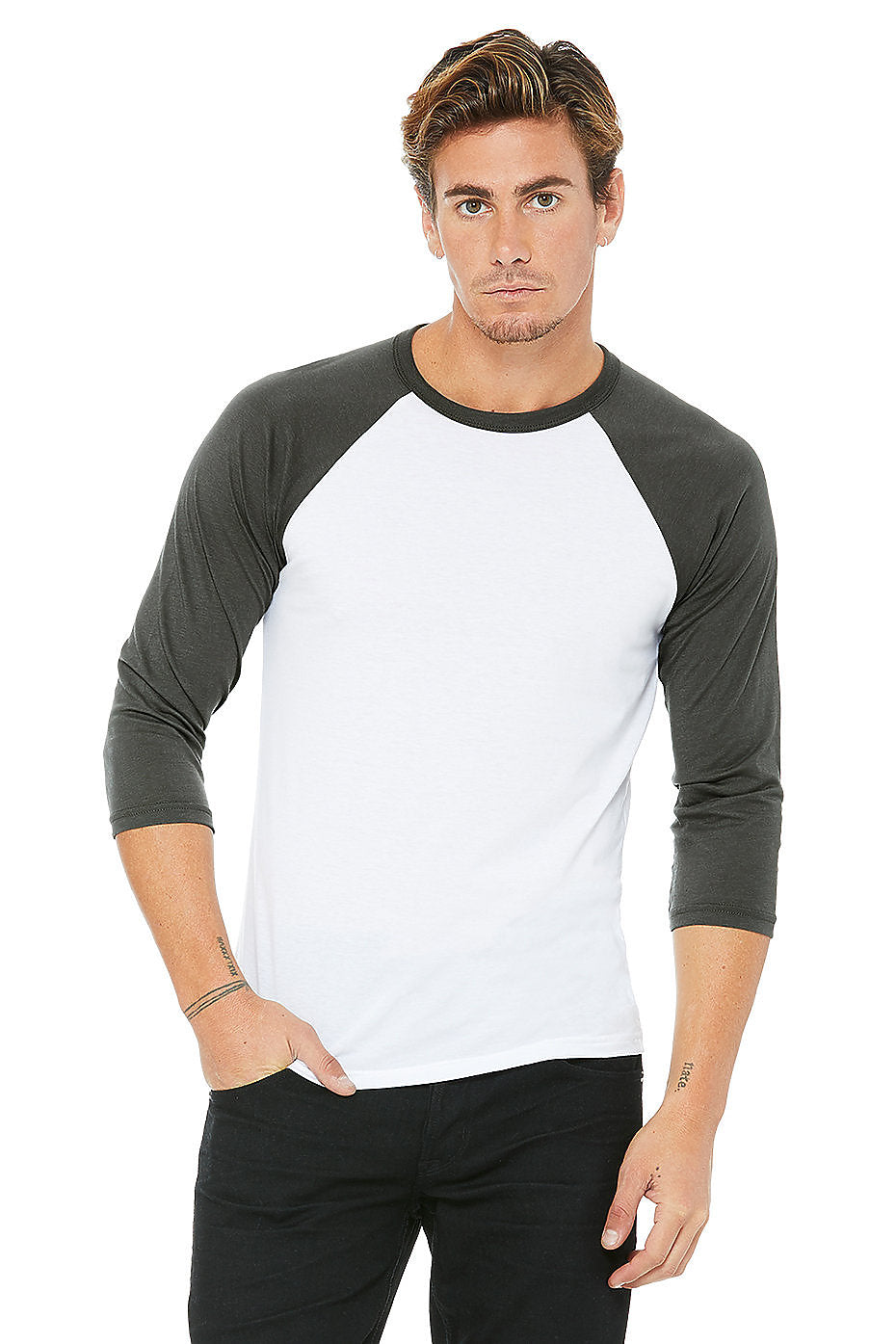 Bella + Canvas Raglan - Asphalt Charcoal Sleeve / White Body