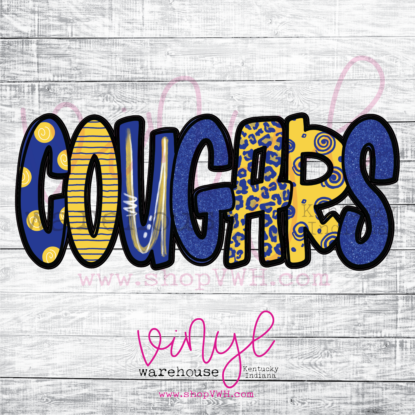 Cougars (Royal / Yellow Doodle Letters) - Heat Transfer Print