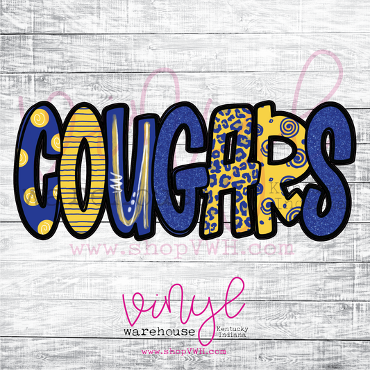 Cougars (Royal Yellow Doodle Letters) - Heat Transfer Print
