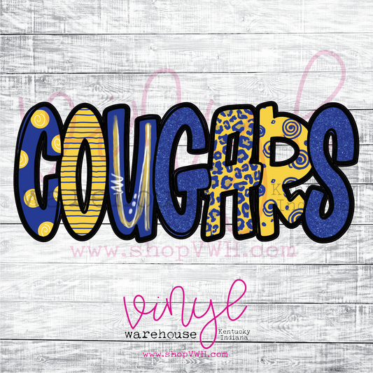 Cougars (Royal / Yellow Doodle Letters) - Heat Transfer Print