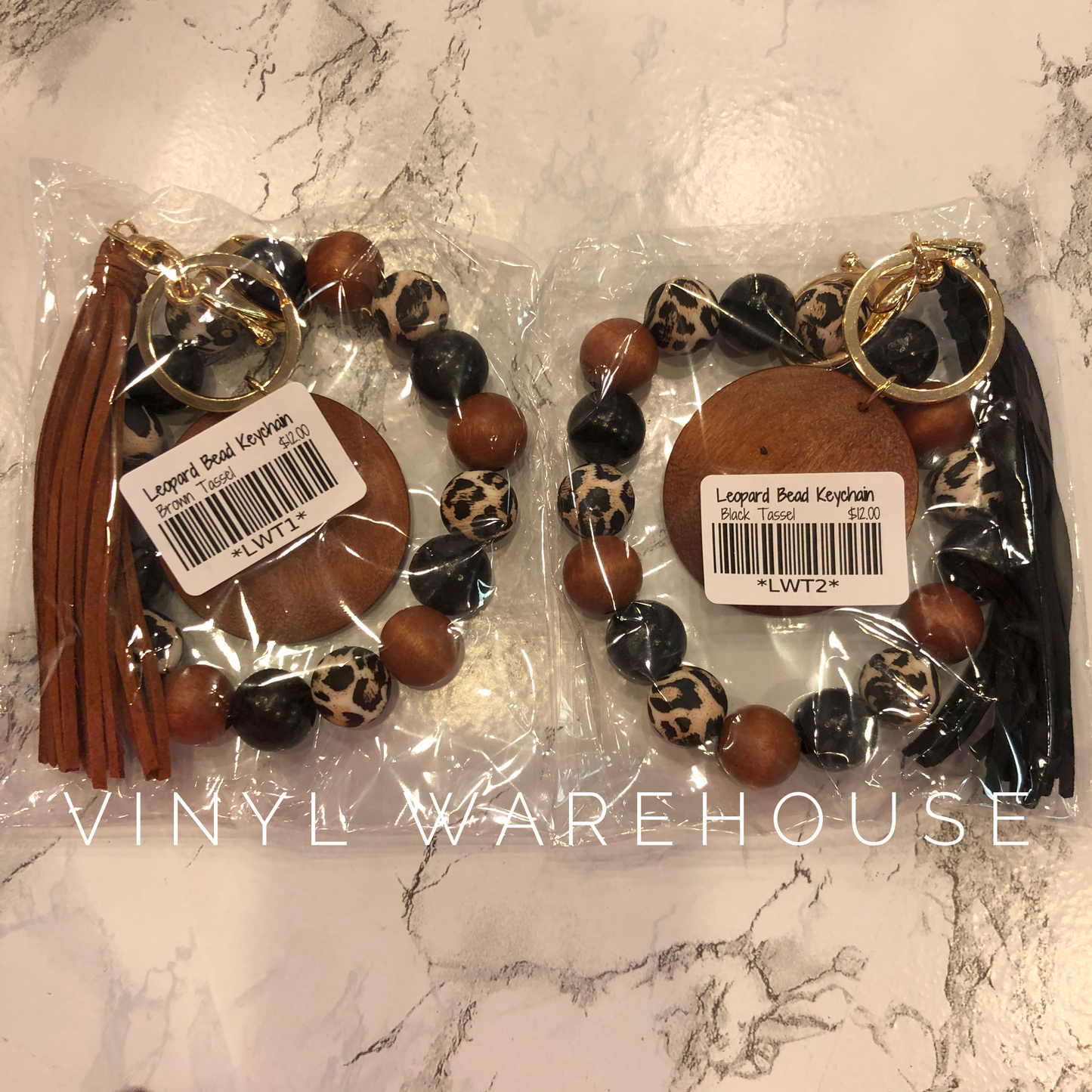 Leopard Bead & Wood Disc Keychain Wristlet