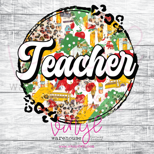 Teacher (Circle - Apples/Bus) - Heat Transfer Print
