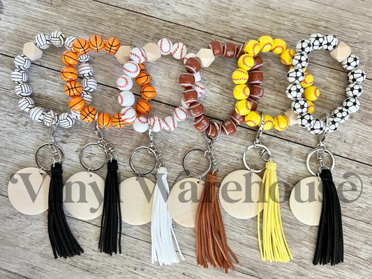 Sports Bead & Wood Disc Keychain Wristlet