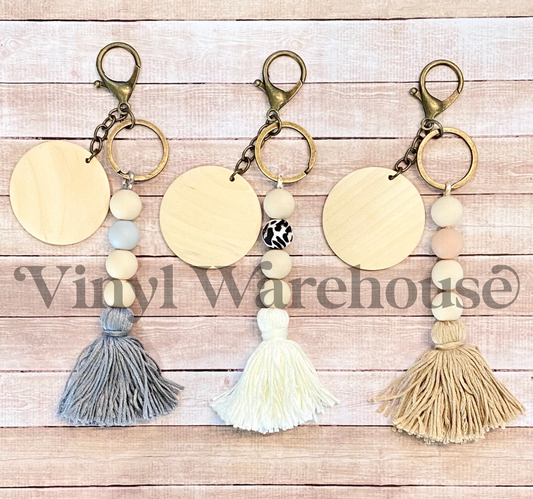 Boho Wooden Disc Keychain w/ Tassel